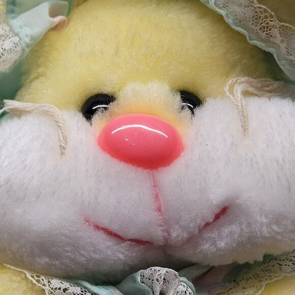 3D Yellow Bunny Rabbit Happy Easter Stocking Plush Pink Lace Bonnet 70's Vtg - Picture 3 of 13
